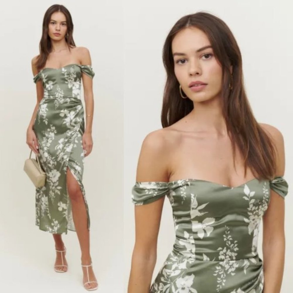 NWT Reformation Genesis Off-shoulder Silk Midi Dress Sz 2 Willow Floral Wrap